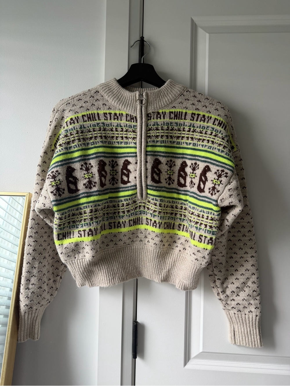 Urban Outfitters Cozy Cream Knit Pullover Sweater with Neon Green Accents
